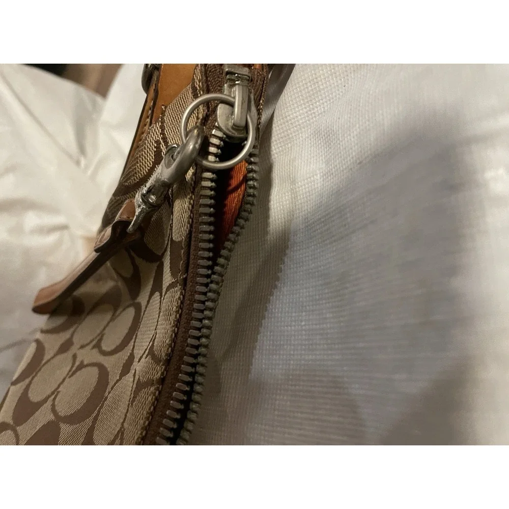 Coach Signature Hobo Bag Brown Tan Canvas Leather Zipper Issue AS IS Orange